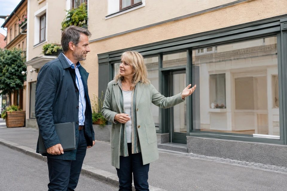 Symbolisches Eigentümergespräch vor einem österreichischen Wohn- und Geschäftshaus